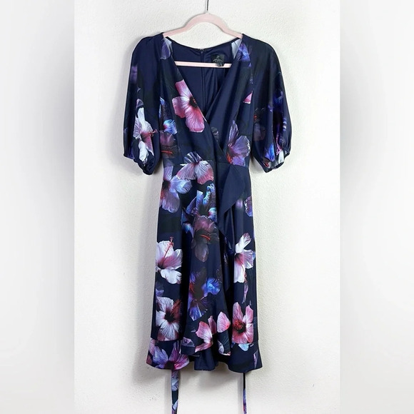Adrianna Papell Ruffle Hem Dreamy Hibiscus Wrap Dress size 6 - Picture 3 of 16